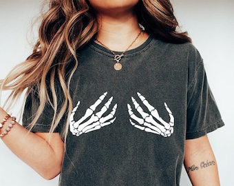 Comfort Colors Skeleton Hand Bra Shirt - Funny Halloween Party Tee