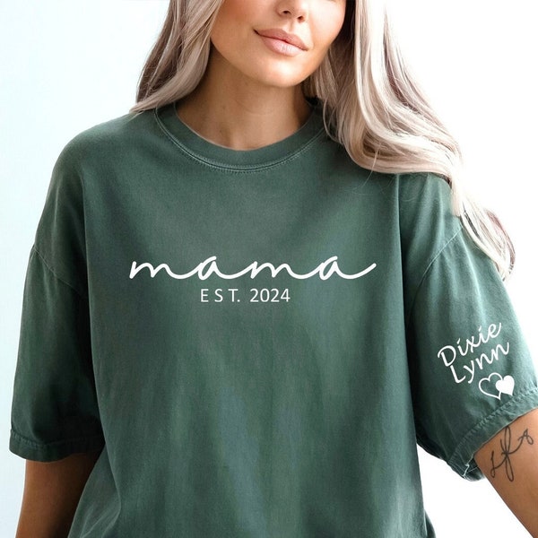 Comfort Colors Custom Mama Shirt with Kid Name on Sleeve,Personalized Mom Shirt,New Mom Gift,Gift for mom,Mothers Day,Pregnancy Announcement