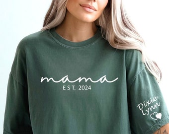 Comfort Colors Custom Mama Shirt with Kid Name on Sleeve,Personalized Mom Shirt,New Mom Gift,Gift for mom,Mothers Day,Pregnancy Announcement