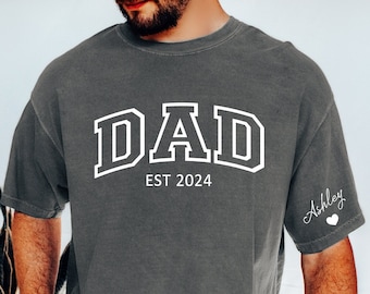 Comfort Colors Personalized Dad Shirt: Kid Name Sleeve, New Dad Gift