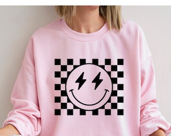 Checkered Smile Face Sweatshirt: Retro Happy Lightning Bolt Shirt