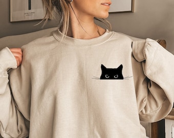 Cat Sweatshirt,Cute Cat Sweatshirt,Black Cat Shirt,Cat Peeking Sweatshirt,Womens Funny Sweatshirt,Gift for Cats Lover,Cat Mom Sweatshirt