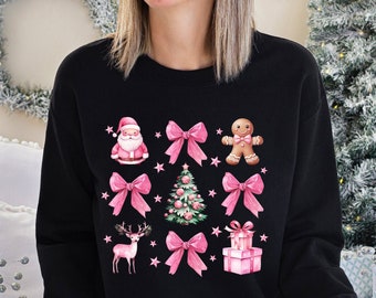Coquette Pink Christmas Sweatshirt,Christmas Shirt,Christmas Cookie,Santa Sweatshirt,Sweatshirt for women,Christmas Tree Sweatshirt,Pink Bow
