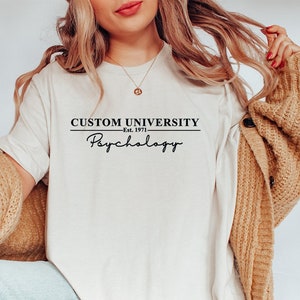 May include: A white t-shirt with black text that reads "CUSTOM UNIVERSITY Est. 1971 Psychology". The shirt is being worn by a person with long blonde hair and a brown cardigan.