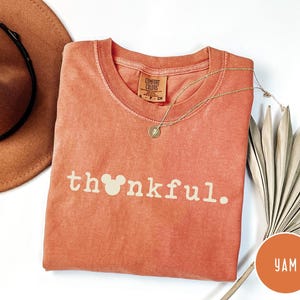May include: A coral-colored t-shirt with the word "thankful" printed in white, featuring a Mickey Mouse head in place of the "o". A gold necklace and a brown hat are also visible.