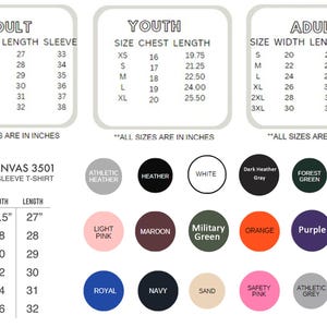 May include: Size charts for adult and youth unisex long sleeve t-shirts. Includes measurements in inches for width, length, and sleeve length. Color options include Athletic Heather, White, and Red.