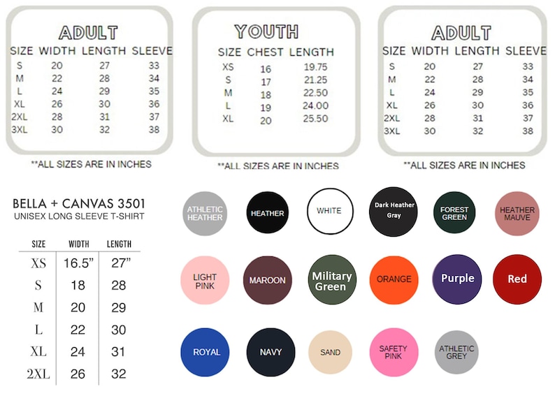 May include: Size charts for adult and youth unisex long sleeve t-shirts. Includes measurements in inches for width, length, and sleeve length. Color options include Athletic Heather, White, and Red.