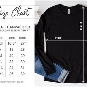 Pu&ograve; includere: Tabella delle taglie per una t-shirt a maniche lunghe unisex Bella + Canvas 3501. La tabella mostra le misure di larghezza e lunghezza in pollici per le taglie XS a 2XL.