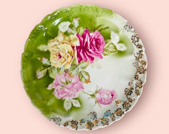 Weimar Porcelain Yellow and Pink Roses with Gold Accents Plate, Rare Antique-1848-1933