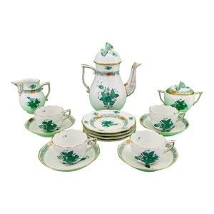 Herend Chinese Bouquet Green Coffee Set, Circa 1960-1970