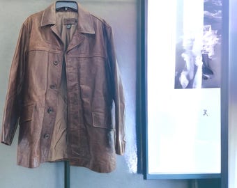 J Crew Men's Brown, Button-Up, 100% Leather, Vintage Jacket-Size S
