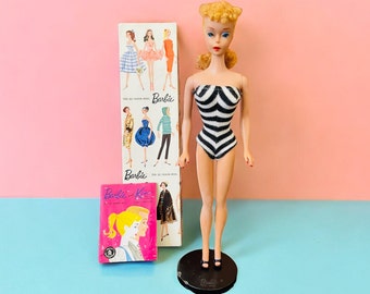 Barbie Teen Age Fashion Model  #850 | 1960 #4 Blond Ponytail Barbie in Zebra Swimsuit with Original Box, Stand, and Accessories
