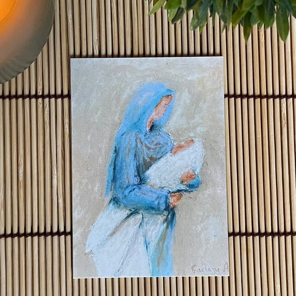 Image de première communion ou de confirmation. Pastel "Marie portant l'enfant Jésus"