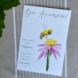 Carte de vœux abeille et fleur, aquarelle "Bon anniversaire"