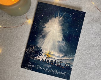 Carte de Noël Chrétienne Aquarelle "Gloire à Dieu"