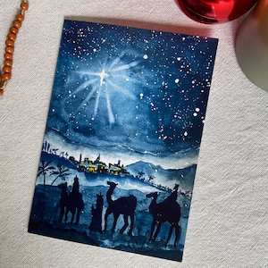 Carte de Noël Chrétienne Aquarelle "L'étoile de Bethlehem"