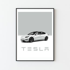May include: A white Tesla Model 3 car on a gray background with the word "TESLA" in gray text below the car.