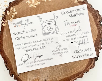 Randlose RUB ON UV Sticker - filigrane verschiedene Sprüche | Motive | Raysin | Klötzchen | randlos | Hochzeit | Liebe