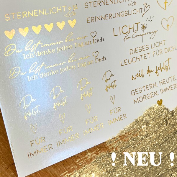 NEU! Metallic GOLD Trauer Kerzentattoos filigrane verschiedene Sprüche | Motive || Kerzen dekorieren || Wasserschiebefolien ||Stabkerzen