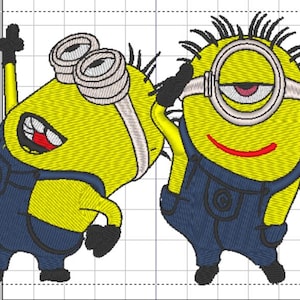 Può includere: Due personaggi gialli dei cartoni animati con salopette blu e occhiali. I personaggi sorridono e hanno i capelli neri. Un personaggio sta salutando e l'altro sta guardando di lato.