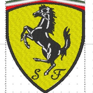 Può includere: Un logo giallo a forma di scudo con un cavallo nero in piedi e le lettere "S F" al centro inferiore. Lo scudo ha un bordo rosso, bianco e verde.