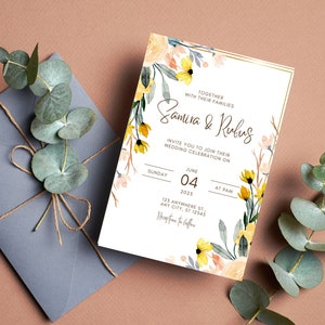 Yellow Wedding Invitation Template |Editable & Printable Set | Minimalist Wedding Monogram | Floral Wreath | Printable Wedding Invitation