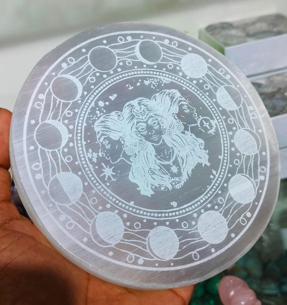 Hecate Etched Selenite Charging Plate: Moon Magic Altar Tool