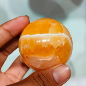 Yellow Calcite Crystal Sphere 40-55mm – Orange Calcite Ball for Sacral Chakra Healing, Positive Energy Crystal Ball, Polished Calcite Stone