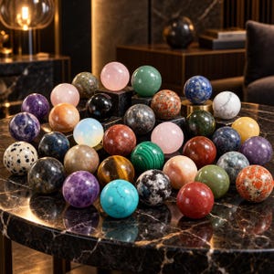 Peut inclure: Une collection de nombreuses sphères en pierre polie et lisse dans une grande variété de couleurs et de motifs, incluant quartz rose, malachite, turquoise, œil-de-tigre et jaspe dalmatien, disposées sur une surface en marbre sombre et réfléchissant.