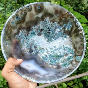 Cuenco grande de cristal de ágata musgosa: Plato de piedra verde tallado a mano