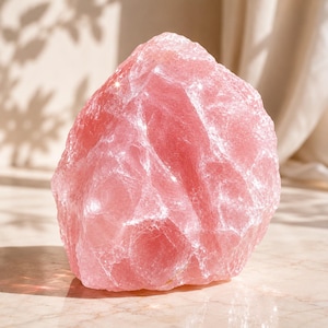 Può includere: Un grande pezzo grezzo di quarzo rosa con una tonalità rosa pallido traslucida. La pietra presenta una superficie irregolare e frastagliata con fratture cristalline naturali e sfaccettature che catturano la luce, creando un aspetto strutturato.
