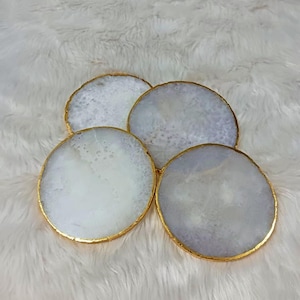 White Agate Coaster Set of 4 pcs | Premium Round Coasters with Gold Edged Natural Stone | gold plated Handmade Agate White CoastersGift‑Read