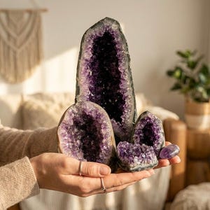 Könnte beinhalten: Eine Sammlung von vier rohen Amethyst-Kristallgeoden und einem polierten Amethyststein. Die Kristalle weisen tiefviolette, facettierte Innenräume mit dunklen, natürlichen Gesteinsaußenseiten auf. Die größte Geode ist hoch und spitz geformt.