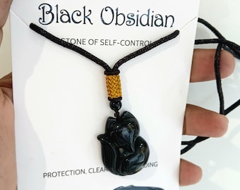 Black Obsidian Fox Pendant Necklace: Healing Crystal Amulet