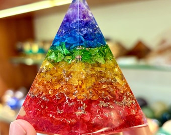 Seven Chakra Orgonite Pyramid | Handmade Nubian Crystal Decor
