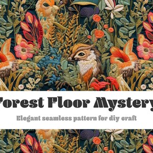 Seamless Embroidery Pattern, Cottagecore Boho Aesthetic PNG Digital Download, Colourful Floral Woodland Animal Textile Design Commercial Use