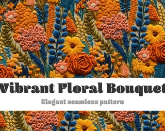 Fichier de broderie sans couture, broderie de fleurs sauvages sans couture, Cottage Core boho sans couture, motif sans couture de broderie florale colorée PNG JPEG