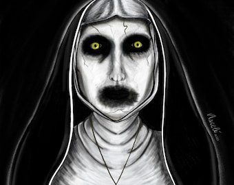 May include: A black and white drawing of a nun with a pale face and yellow eyes. She is wearing a black habit and a silver cross necklace.