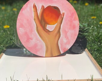 Hand Painted Peach Oil Painting on Round Canvas - 10in