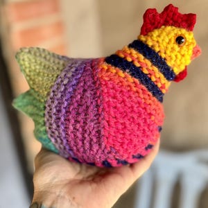 Op de afbeelding: Een handgemaakt, kleurrijk gehaakt kippenspeelgoed. De kip heeft een rode kam, een gele kop en een lichaam met een verloop van roze, paars, oranje en blauw. De staart is groen en geel. De kip wordt in een hand gehouden.