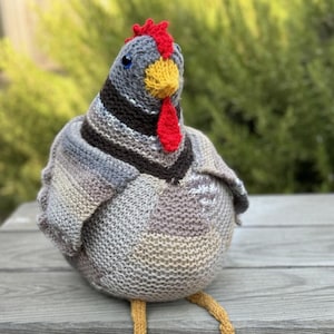 Puede incluir: Un pollo de punto gris, marrón y blanco con detalles rojos y amarillos. El pollo está sentado en un banco de madera.