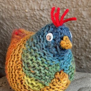 K&ouml;nnte beinhalten: Ein farbenfrohes gestricktes Vogelspielzeug mit roter Haube, wei&szlig;en Glitz Augen und einem gelben Schnabel. Der Vogel ist aus verschiedenen Garnfarben gefertigt, darunter Blau, Gr&uuml;n, Gelb und Orange.