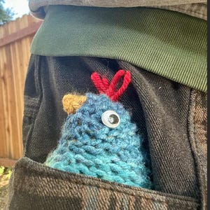 K&ouml;nnte beinhalten: Ein blaues, gr&uuml;nes und braunes H&auml;kel-H&uuml;hner-Spielzeug mit einem roten Kamm und einem wei&szlig;en Knopf-Auge. Das Spielzeug befindet sich in einer Tasche einer Jeans.