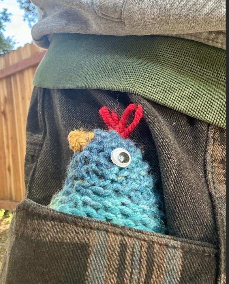 K&ouml;nnte beinhalten: Ein blaues, gr&uuml;nes und braunes H&auml;kel-H&uuml;hner-Spielzeug mit einem roten Kamm und einem wei&szlig;en Knopf-Auge. Das Spielzeug befindet sich in einer Tasche einer Jeans.
