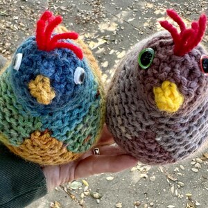 K&ouml;nnte beinhalten: Zwei gestrickte Vogelornamente, eines blau und gr&uuml;n mit roten Akzenten und das andere braun mit gelben Akzenten. Beide haben gro&szlig;e Plastikaugen.
