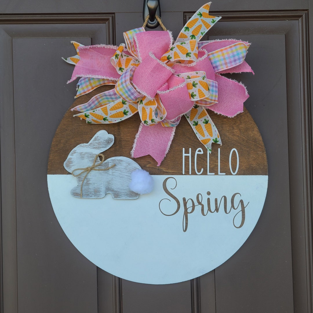 Front Door Decor, Hello Spring Round Wood Door Sign, Easter Bunny Decor ...