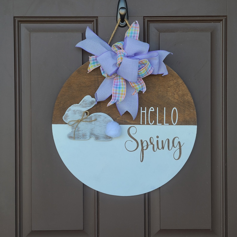 Front Door Decor, Hello Spring Round Wood Door Sign, Easter Bunny Decor