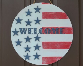 Decoración de la puerta principal, percha de puerta patriótica, percha de puerta de bienvenida americana, letrero de bienvenida, letrero de puerta, decoración de la casa de verano, decoración del porche. Madera 3D
