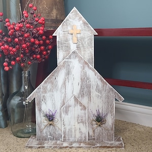 Wooden Rustic Church, Primitive Wood Church, Farmhouse Decor, Handmade Rustic Wood Decor, Rustic White Country Church, Christian Decor