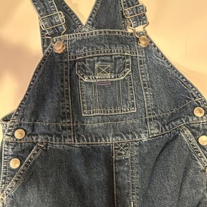May include: A pair of blue denim overalls with adjustable straps and multiple pockets.